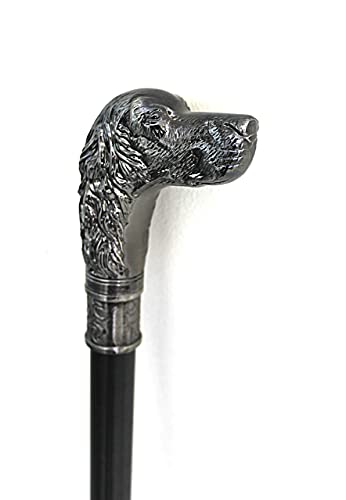 Garden Mile Walking Stick, Cane Vintage Style Dog's Head Walking Stick Mobility Aid, Victorian Look Silver Pewter Black Walking Cane Antique Style Silver Pewter