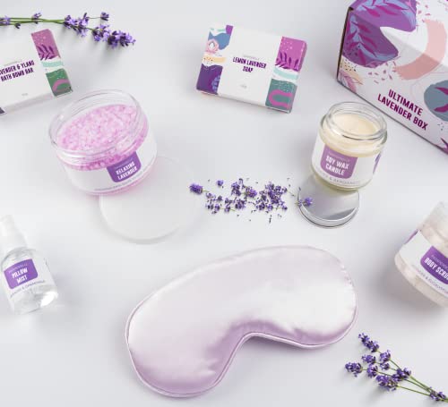Pamper Gift Set for Women, Lavender Relaxation Self Care Spa Hamper, 7pc Wellbeing Present with Bath Salts, Soap and Body Scrub