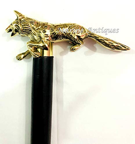 Brass Wolf Handle Black Wooden Walking Stick Vintage Victorian Antique Canes