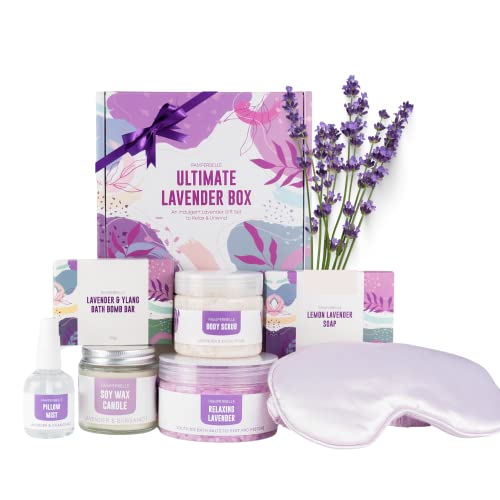 Pamper Gift Set for Women, Lavender Relaxation Self Care Spa Hamper, 7pc Wellbeing Present with Bath Salts, Soap and Body Scrub