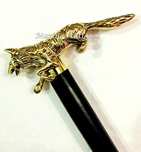 Brass Wolf Handle Black Wooden Walking Stick Vintage Victorian Antique Canes