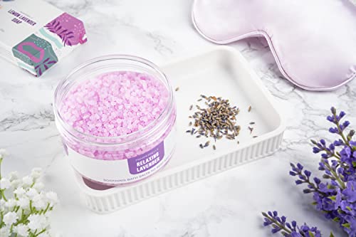 Pamper Gift Set for Women, Lavender Relaxation Self Care Spa Hamper, 7pc Wellbeing Present with Bath Salts, Soap and Body Scrub