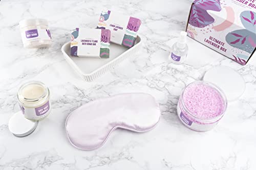Pamper Gift Set for Women, Lavender Relaxation Self Care Spa Hamper, 7pc Wellbeing Present with Bath Salts, Soap and Body Scrub