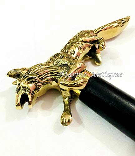 Brass Wolf Handle Black Wooden Walking Stick Vintage Victorian Antique Canes