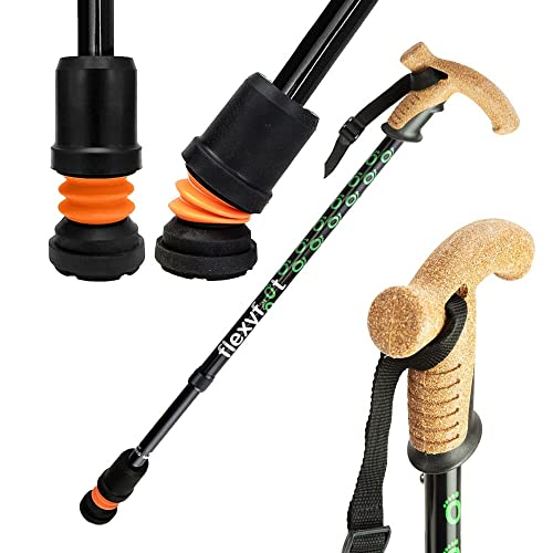 Flexyfoot Shock Absorbing Cork Handle Walking Stick - Improved Comfort, Improved Grip, Improved Safety – Colour: Black