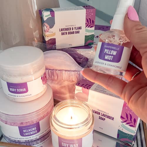 Pamper Gift Set for Women, Lavender Relaxation Self Care Spa Hamper, 7pc Wellbeing Present with Bath Salts, Soap and Body Scrub
