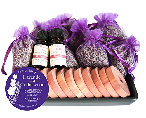 Quercus Living Fragrant Lavender Filled Large Bags and Cedarwood Hanging Rings, Lavender Essential Oil, Cedarwood Essential OIl