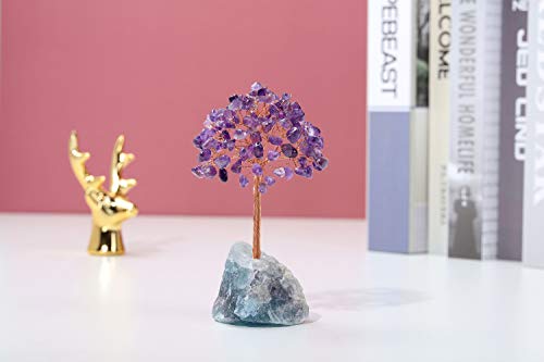 CrystalTears Amethyst Crystal Tree Natural Reiki Healing Crystals Gemstone Bonsai Money Trees Wrapped on Fluorite Crystals Stone Base Feng Shui Crystal Tree for Home Decor Valentines Gift 4.7"-5.1"