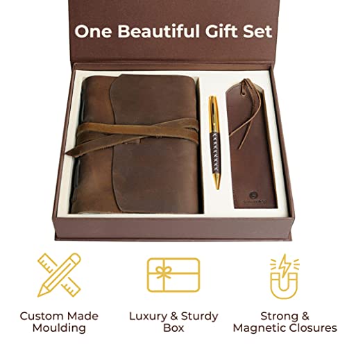 Leather Journal Gift Set Handmade Antique Leather Bookmark + Pen, Rustic Writing Notebook Present With Box Unlined Bound Daily Notepad For Men & Women, Travel Diary Ideal To Write In Sketching 18x13cm