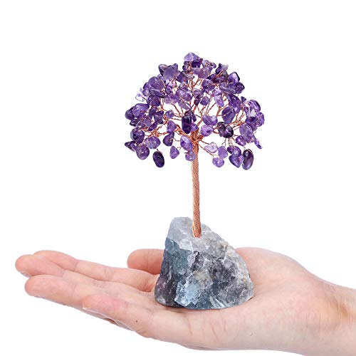 CrystalTears Amethyst Crystal Tree Natural Reiki Healing Crystals Gemstone Bonsai Money Trees Wrapped on Fluorite Crystals Stone Base Feng Shui Crystal Tree for Home Decor Valentines Gift 4.7"-5.1"