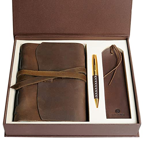 Leather Journal Gift Set Handmade Antique Leather Bookmark + Pen, Rustic Writing Notebook Present With Box Unlined Bound Daily Notepad For Men & Women, Travel Diary Ideal To Write In Sketching 18x13cm