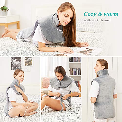 Electric Heating Pad for Back Neck and Shoulders (60x100cm) Fast-Heat Heated Warmer with Waist Strap, 3 Heat Levels, Auto-Off Timer, Mia&Coco - Comfort Grey