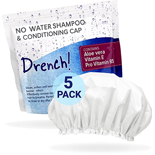 Drench! Medical No Water Shampoo Caps [5-Pack] - Waterless Shampoo and Conditioner - Dry Hair Wash Caps for The Elderly or Bedridden - Contains Aloe Vera, Vitamin E and Provitamin B5