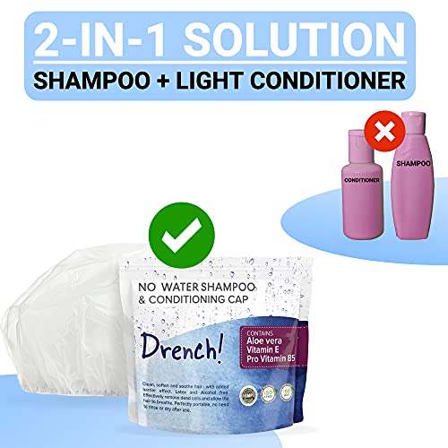 Drench! Medical No Water Shampoo Caps [5-Pack] - Waterless Shampoo and Conditioner - Dry Hair Wash Caps for The Elderly or Bedridden - Contains Aloe Vera, Vitamin E and Provitamin B5