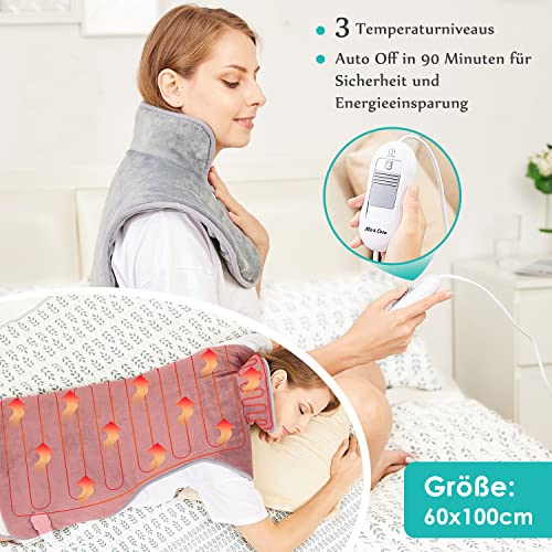 Electric Heating Pad for Back Neck and Shoulders (60x100cm) Fast-Heat Heated Warmer with Waist Strap, 3 Heat Levels, Auto-Off Timer, Mia&Coco - Comfort Grey