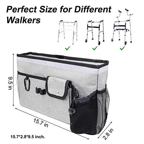 Large Walker Basket Walker Bag Water Cup Holder ZCMN Folding Walker Attachment Hands Foldable Walker Tote Storage Bag with Big Capacity Mobility Aid Accessory Pouch Best Gift for Family Senior (Gray)