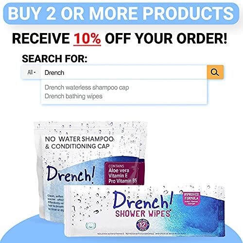 Drench! Medical No Water Shampoo Caps [5-Pack] - Waterless Shampoo and Conditioner - Dry Hair Wash Caps for The Elderly or Bedridden - Contains Aloe Vera, Vitamin E and Provitamin B5